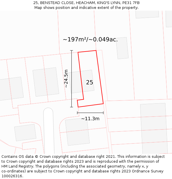 25, BENSTEAD CLOSE, HEACHAM, KING'S LYNN, PE31 7FB: Plot and title map