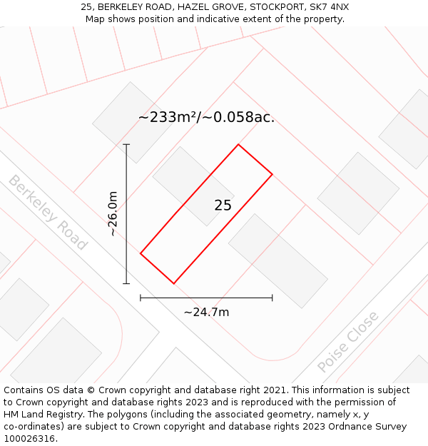 25, BERKELEY ROAD, HAZEL GROVE, STOCKPORT, SK7 4NX: Plot and title map