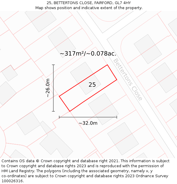 25, BETTERTONS CLOSE, FAIRFORD, GL7 4HY: Plot and title map