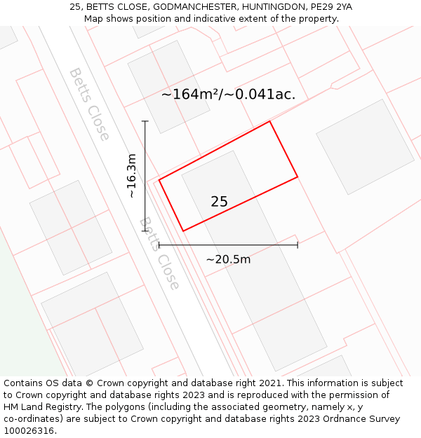 25, BETTS CLOSE, GODMANCHESTER, HUNTINGDON, PE29 2YA: Plot and title map