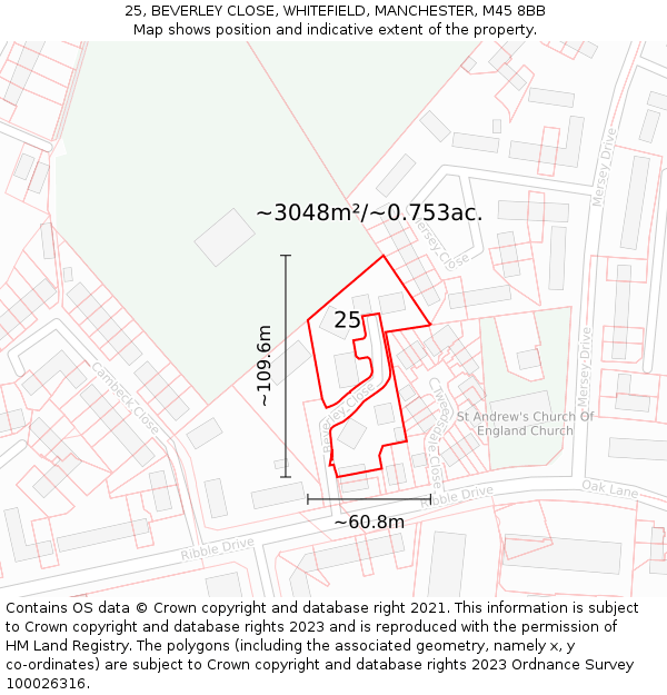 25, BEVERLEY CLOSE, WHITEFIELD, MANCHESTER, M45 8BB: Plot and title map