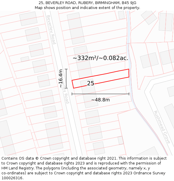 25, BEVERLEY ROAD, RUBERY, BIRMINGHAM, B45 9JG: Plot and title map