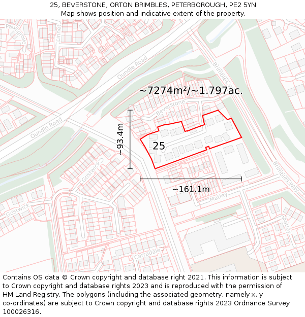 25, BEVERSTONE, ORTON BRIMBLES, PETERBOROUGH, PE2 5YN: Plot and title map