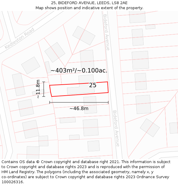 25, BIDEFORD AVENUE, LEEDS, LS8 2AE: Plot and title map