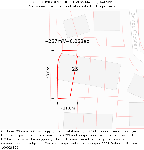 25, BISHOP CRESCENT, SHEPTON MALLET, BA4 5XX: Plot and title map
