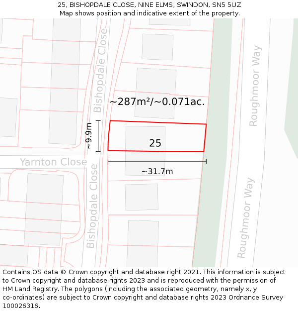 25, BISHOPDALE CLOSE, NINE ELMS, SWINDON, SN5 5UZ: Plot and title map