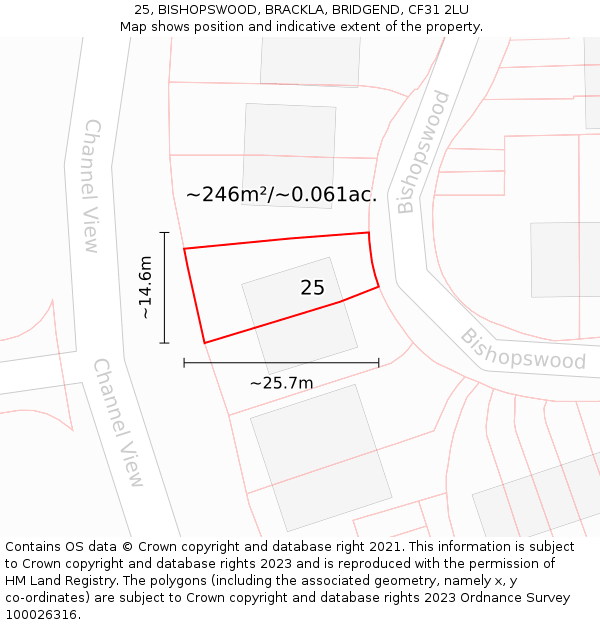 25, BISHOPSWOOD, BRACKLA, BRIDGEND, CF31 2LU: Plot and title map