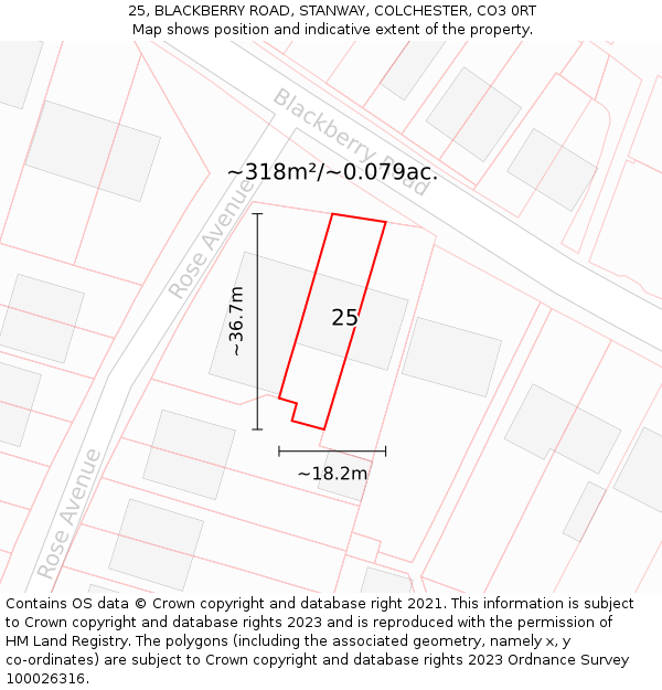 25, BLACKBERRY ROAD, STANWAY, COLCHESTER, CO3 0RT: Plot and title map