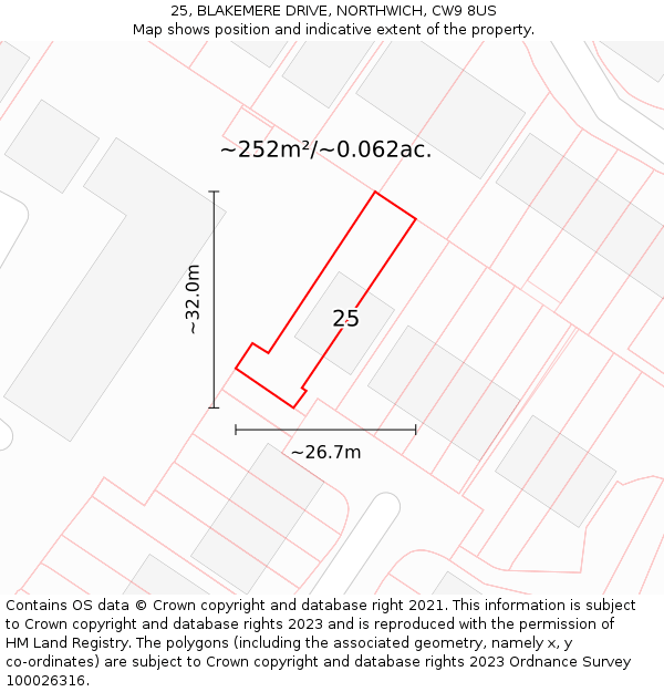 25, BLAKEMERE DRIVE, NORTHWICH, CW9 8US: Plot and title map