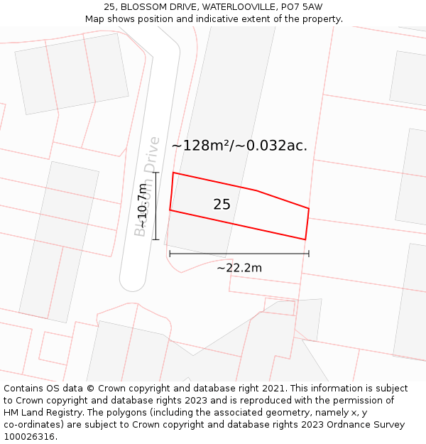 25, BLOSSOM DRIVE, WATERLOOVILLE, PO7 5AW: Plot and title map