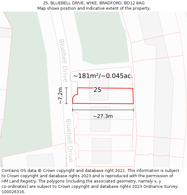 25, BLUEBELL DRIVE, WYKE, BRADFORD, BD12 8AG: Plot and title map