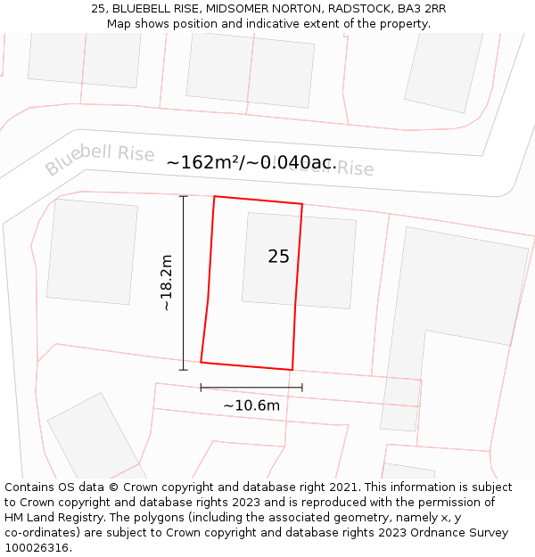 25, BLUEBELL RISE, MIDSOMER NORTON, RADSTOCK, BA3 2RR: Plot and title map
