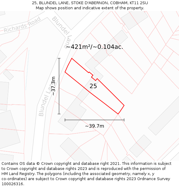 25, BLUNDEL LANE, STOKE D'ABERNON, COBHAM, KT11 2SU: Plot and title map