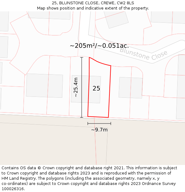25, BLUNSTONE CLOSE, CREWE, CW2 8LS: Plot and title map