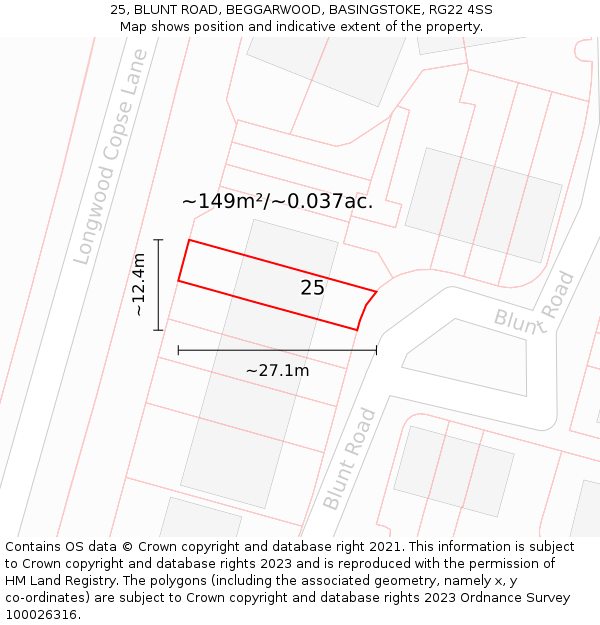 25, BLUNT ROAD, BEGGARWOOD, BASINGSTOKE, RG22 4SS: Plot and title map