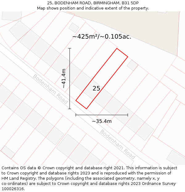 25, BODENHAM ROAD, BIRMINGHAM, B31 5DP: Plot and title map