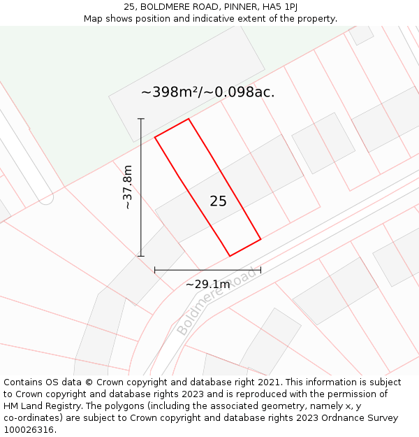 25, BOLDMERE ROAD, PINNER, HA5 1PJ: Plot and title map