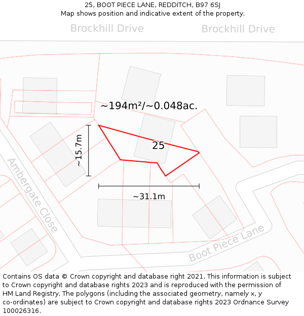 25, BOOT PIECE LANE, REDDITCH, B97 6SJ: Plot and title map