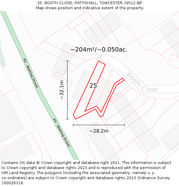25, BOOTH CLOSE, PATTISHALL, TOWCESTER, NN12 8JP: Plot and title map