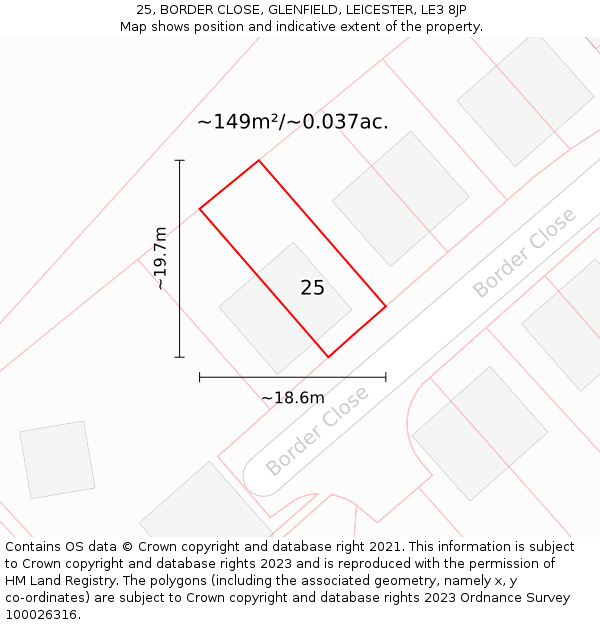 25, BORDER CLOSE, GLENFIELD, LEICESTER, LE3 8JP: Plot and title map