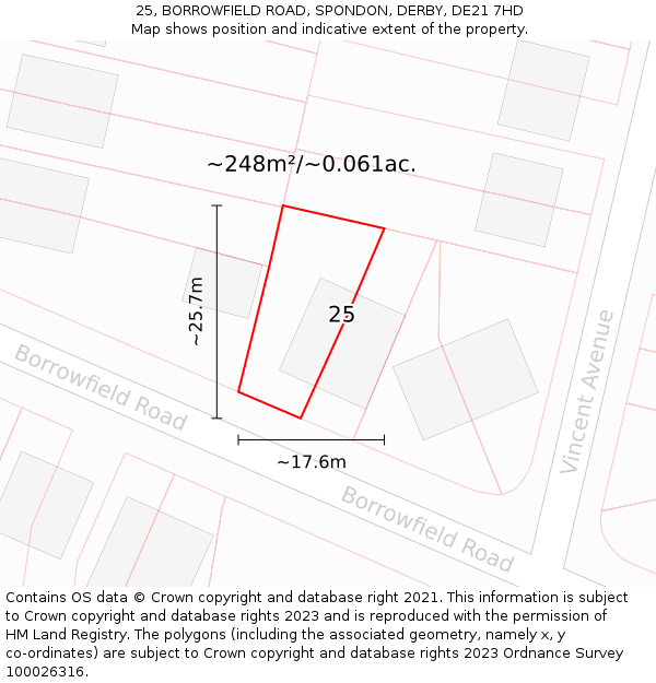 25, BORROWFIELD ROAD, SPONDON, DERBY, DE21 7HD: Plot and title map