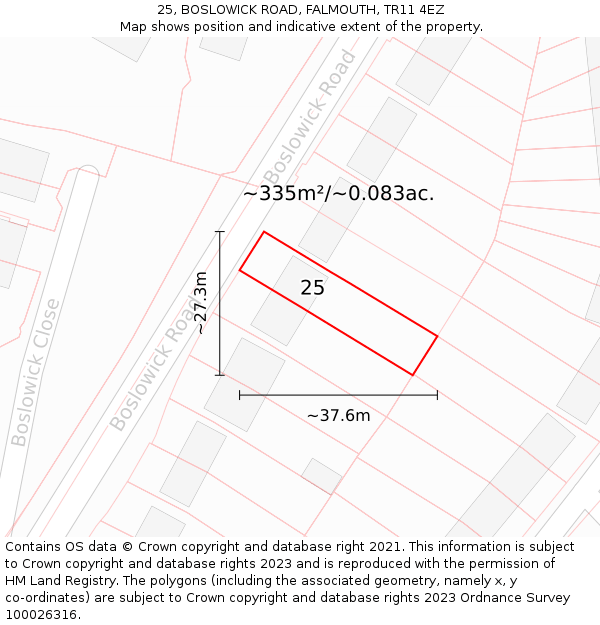 25, BOSLOWICK ROAD, FALMOUTH, TR11 4EZ: Plot and title map