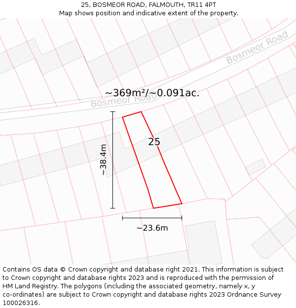 25, BOSMEOR ROAD, FALMOUTH, TR11 4PT: Plot and title map