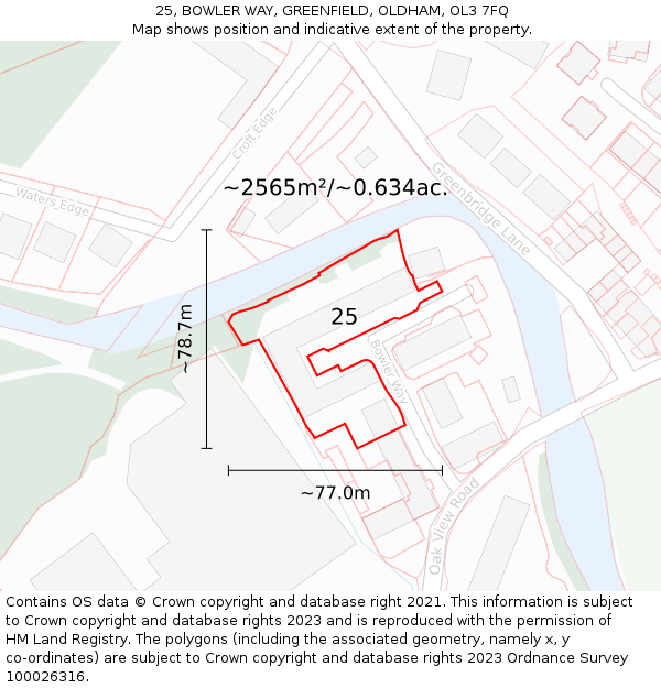25, BOWLER WAY, GREENFIELD, OLDHAM, OL3 7FQ: Plot and title map
