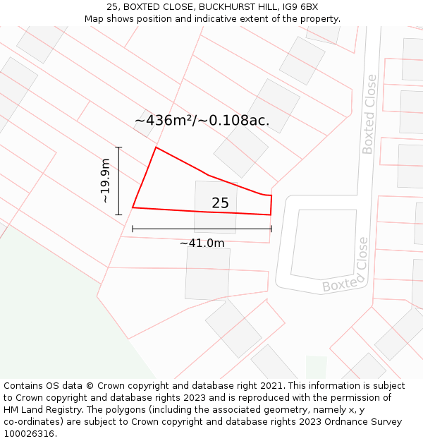 25, BOXTED CLOSE, BUCKHURST HILL, IG9 6BX: Plot and title map