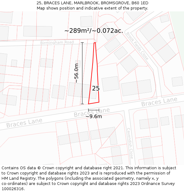 25, BRACES LANE, MARLBROOK, BROMSGROVE, B60 1ED: Plot and title map