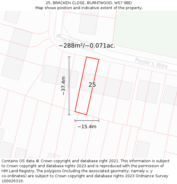 25, BRACKEN CLOSE, BURNTWOOD, WS7 9BD: Plot and title map