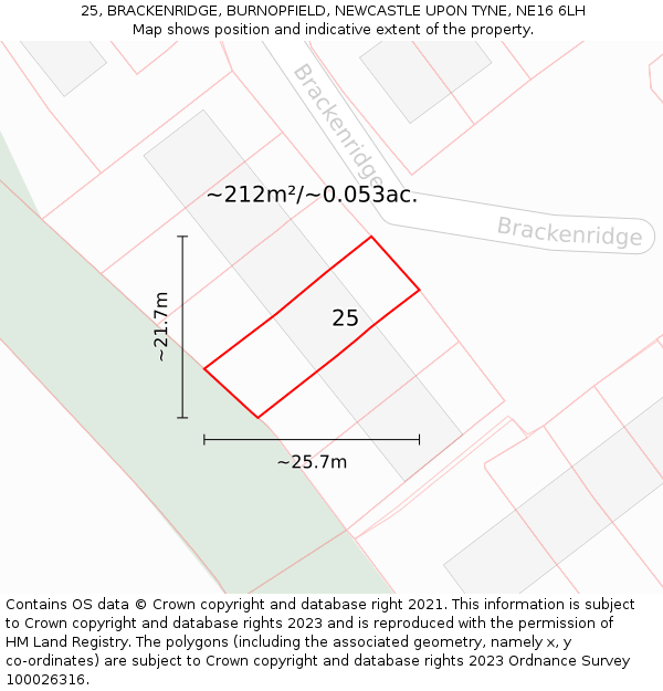 25, BRACKENRIDGE, BURNOPFIELD, NEWCASTLE UPON TYNE, NE16 6LH: Plot and title map