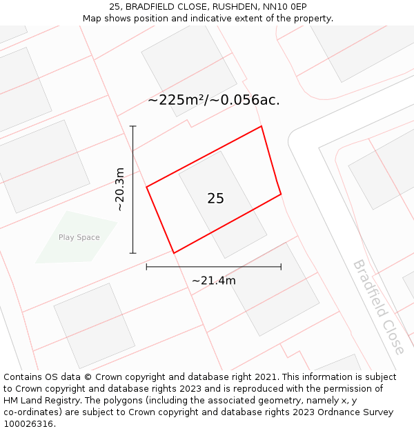 25, BRADFIELD CLOSE, RUSHDEN, NN10 0EP: Plot and title map