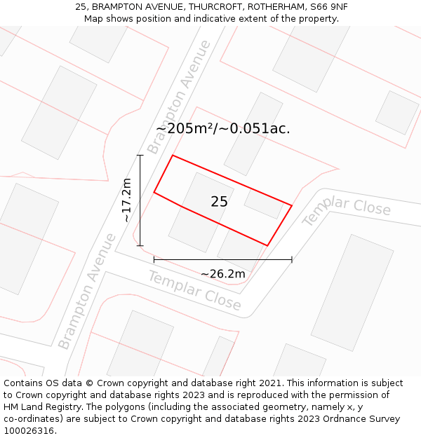25, BRAMPTON AVENUE, THURCROFT, ROTHERHAM, S66 9NF: Plot and title map