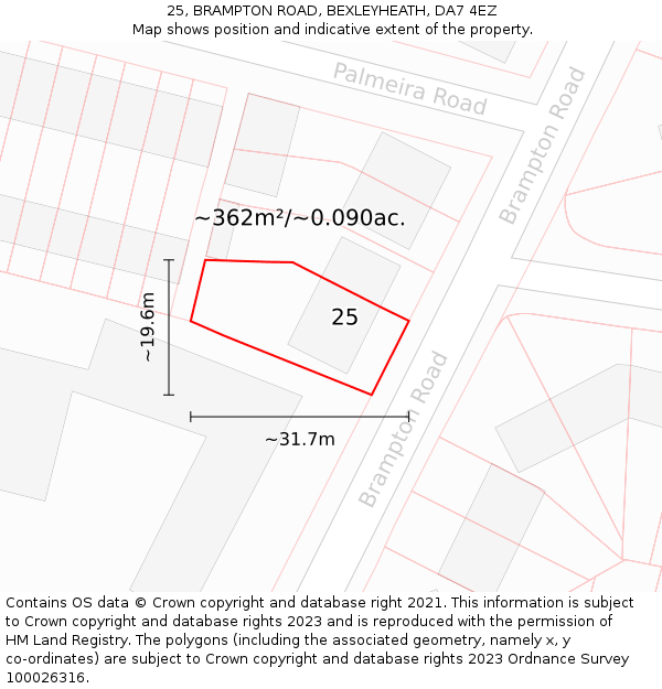 25, BRAMPTON ROAD, BEXLEYHEATH, DA7 4EZ: Plot and title map