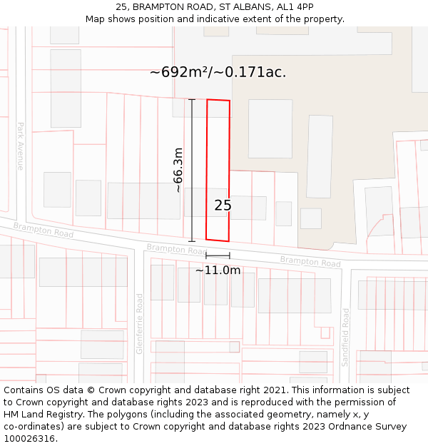 25, BRAMPTON ROAD, ST ALBANS, AL1 4PP: Plot and title map