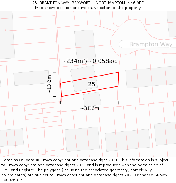 25, BRAMPTON WAY, BRIXWORTH, NORTHAMPTON, NN6 9BD: Plot and title map