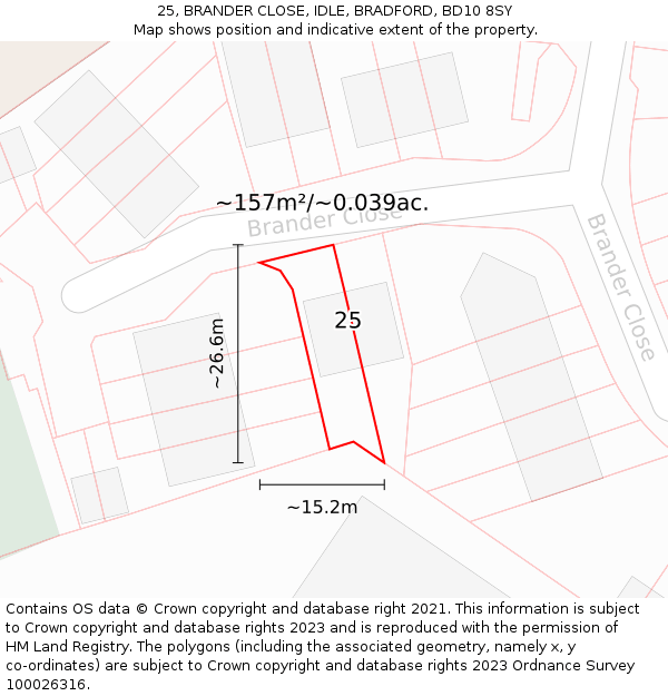 25, BRANDER CLOSE, IDLE, BRADFORD, BD10 8SY: Plot and title map