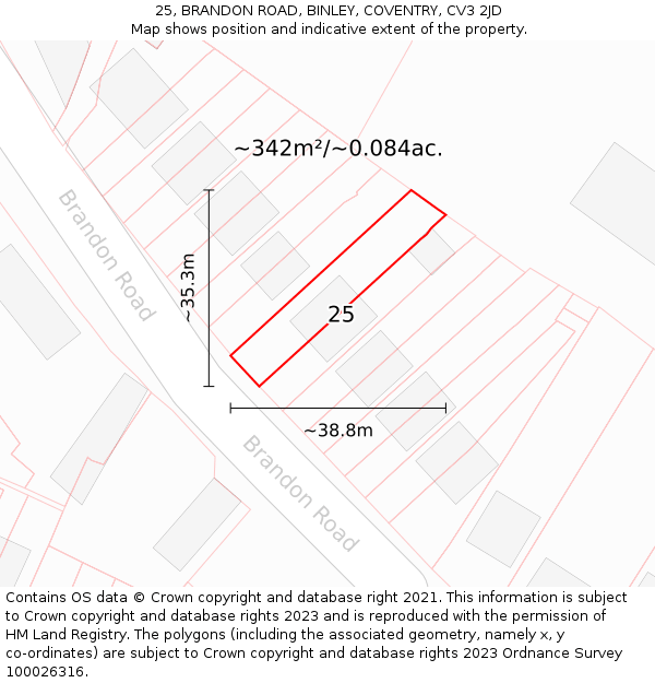 25, BRANDON ROAD, BINLEY, COVENTRY, CV3 2JD: Plot and title map
