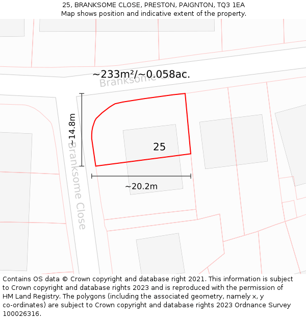 25, BRANKSOME CLOSE, PRESTON, PAIGNTON, TQ3 1EA: Plot and title map