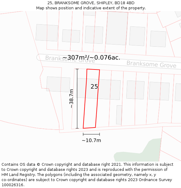 25, BRANKSOME GROVE, SHIPLEY, BD18 4BD: Plot and title map