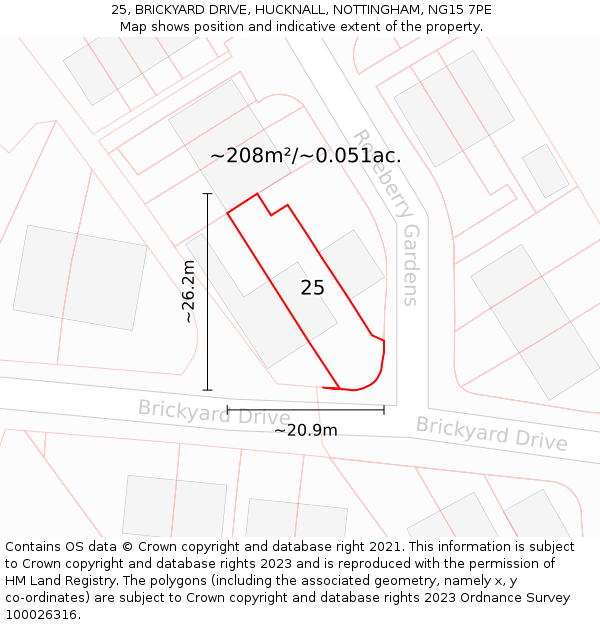 25, BRICKYARD DRIVE, HUCKNALL, NOTTINGHAM, NG15 7PE: Plot and title map