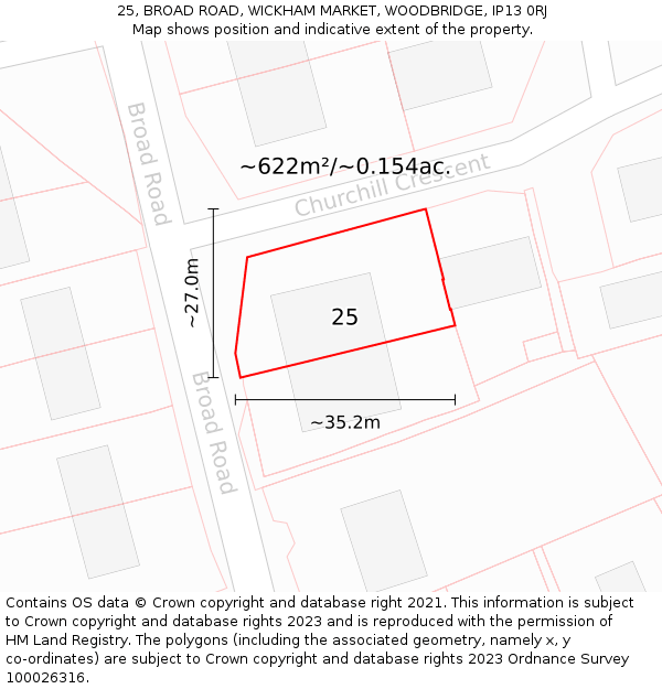 25, BROAD ROAD, WICKHAM MARKET, WOODBRIDGE, IP13 0RJ: Plot and title map