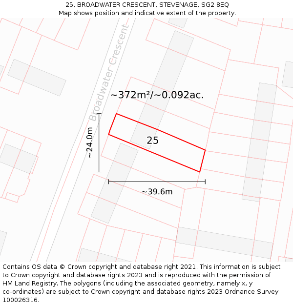 25, BROADWATER CRESCENT, STEVENAGE, SG2 8EQ: Plot and title map