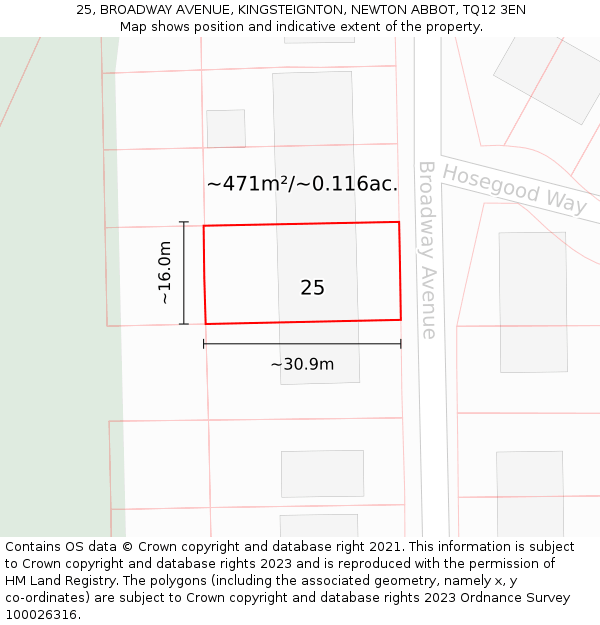 25, BROADWAY AVENUE, KINGSTEIGNTON, NEWTON ABBOT, TQ12 3EN: Plot and title map