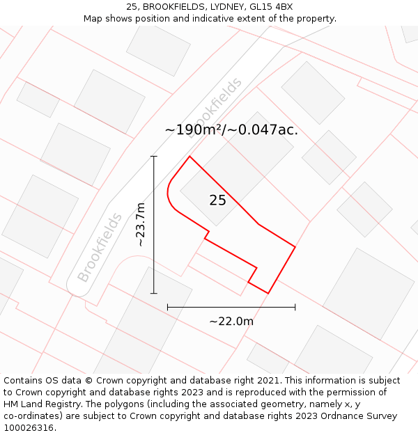 25, BROOKFIELDS, LYDNEY, GL15 4BX: Plot and title map