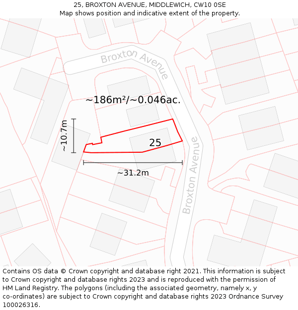 25, BROXTON AVENUE, MIDDLEWICH, CW10 0SE: Plot and title map