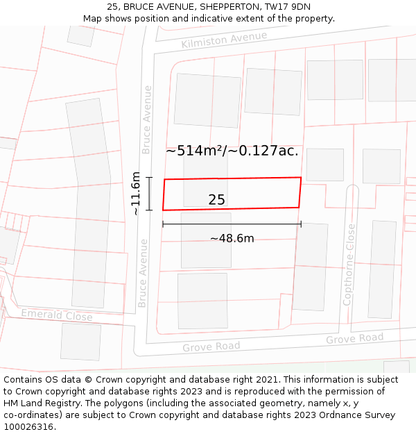 25, BRUCE AVENUE, SHEPPERTON, TW17 9DN: Plot and title map