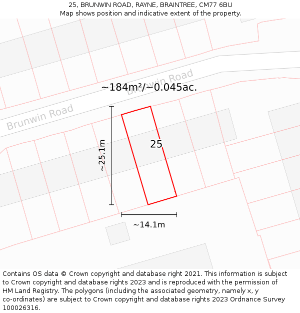 25, BRUNWIN ROAD, RAYNE, BRAINTREE, CM77 6BU: Plot and title map