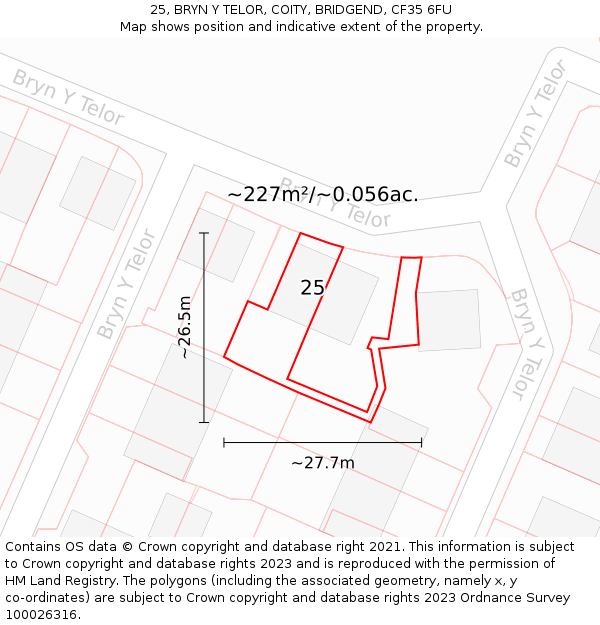 25, BRYN Y TELOR, COITY, BRIDGEND, CF35 6FU: Plot and title map